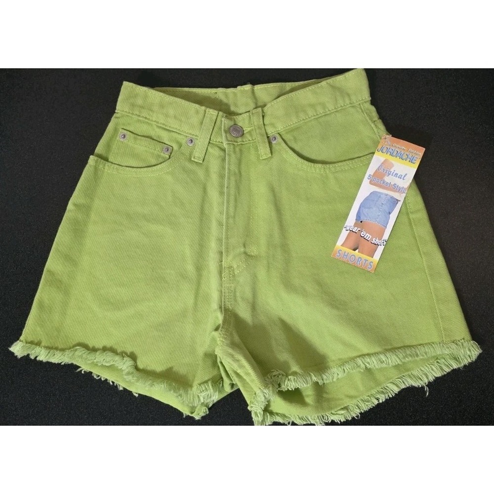 NWT Jordache Cut Off Denim Shorts 3/4 Rave High Rise Bright Neon Green Duke Y2K